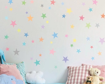 Wall Decals Stars Pastel Rainbow Stars Multi-sized 5 Point Star Eco-Friendly Removable and Reusable Matte Fabric Wall Stickers