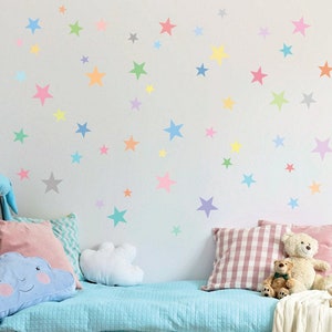 Wall Decals Stars Pastel Rainbow Stars Multi-sized 5 Point Star Eco-Friendly Removable and Reusable Matte Fabric Wall Stickers