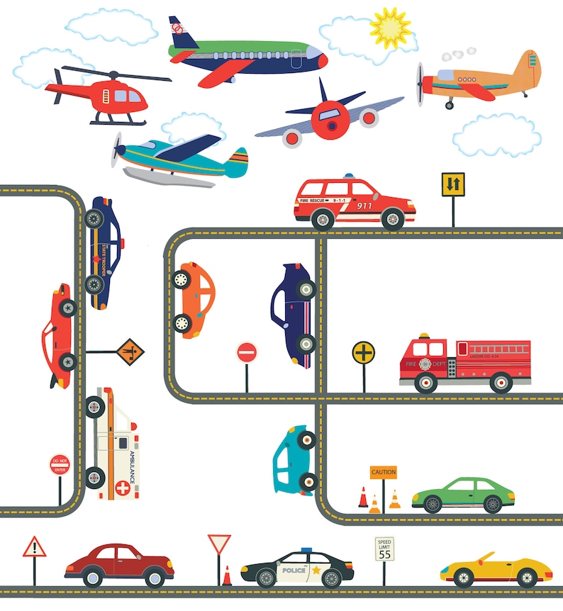 Puede incluir: Una colorida ilustraci&oacute;n con varios veh&iacute;culos y aviones. La imagen incluye un helic&oacute;ptero rojo, varios aviones y coches de diferentes colores, incluyendo un coche de polic&iacute;a y una ambulancia. Tambi&eacute;n son visibles se&ntilde;ales de tr&aacute;fico y el texto "CAUTION" y "SPEED LIMIT 55".