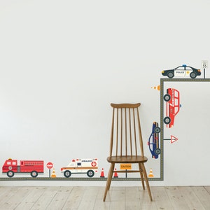 Emergency Vehicles Wall Decals with Straight Gray Road, Removable and Reusable Fabric Wall Stickers