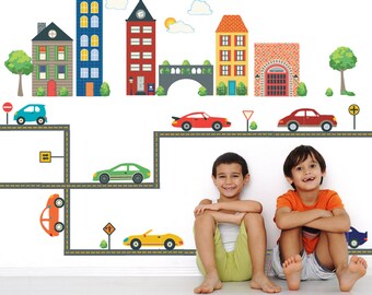 Wall Decals Transportation Town with Cars & Straight Road, Removable and Reusable Eco-friendly Fabric Wall Decal Stickers