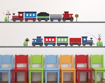 2 Freight Car Train Wall Decal with 2 Straight Railroad Track, Train Decal Removable and Reusable Train Wall Sticker Color 1