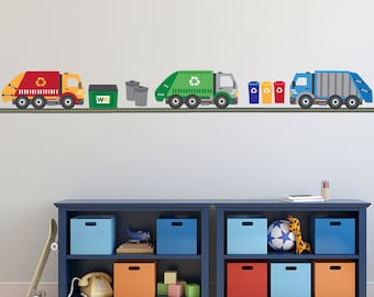 Wall Decals Garbage Trucks & Recycling Truck with Straight Road Decals Matte Fabric Repostionable Eco-friendly Wall Stickers