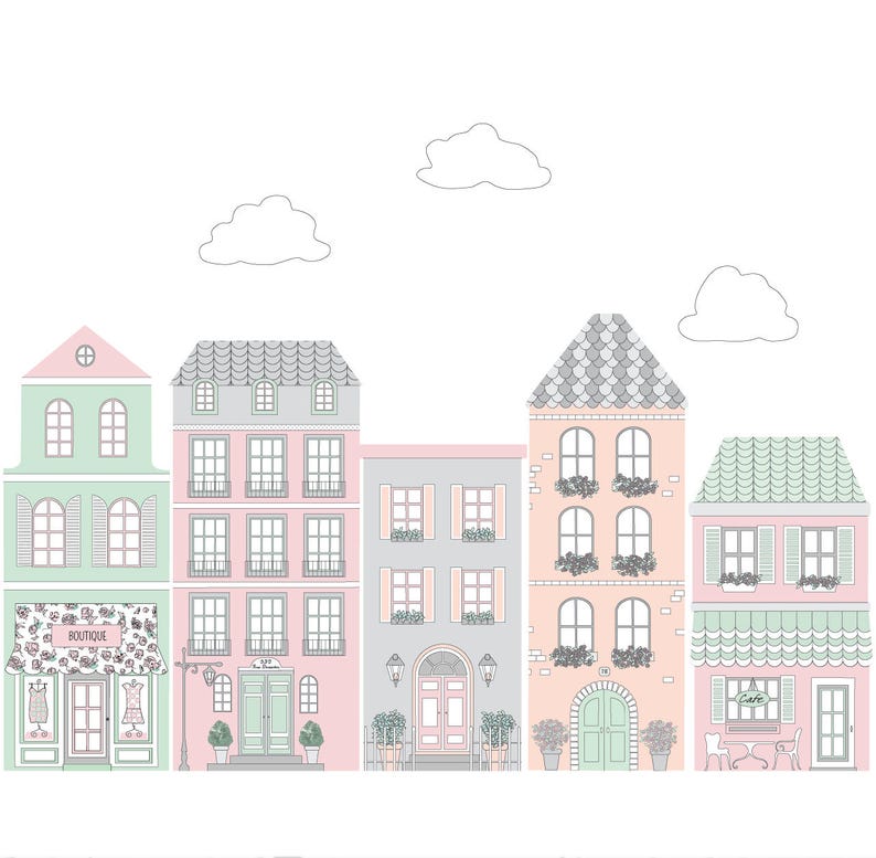 European Style Town Wall Decals, Pink and Gray Decals, Fabric Decals, Peel and Stick Wall Stickers, Eco Friendly, Matte, Town Wall Decals image 2