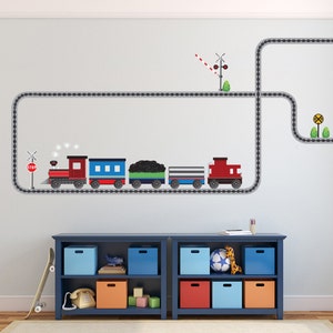 Freight Car Train Wall Decal with Railroad Track Straight and Curved (Left Facing Red)l Removable and Reusable Train Wall Sticker Color 1