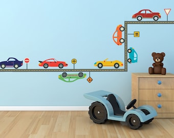 Wall Decals Cool Cars & Straight Gray Road, Removable and Reusable Eco-friendly Matte Fabric Wall Stickers