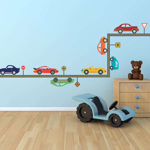 Wall Decals Cool Cars & Straight Gray Road, Removable and Reusable Eco-friendly Matte Fabric Wall Stickers