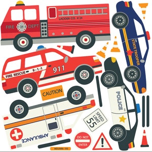 Puede incluir: Ilustraciones de veh&iacute;culos de emergencia de estilo caricatura. La imagen incluye un cami&oacute;n de bomberos rojo, un coche de rescate, una ambulancia, un coche de polic&iacute;a y un coche de la polic&iacute;a estatal. Tambi&eacute;n hay conos de tr&aacute;fico, una se&ntilde;al de l&iacute;mite de velocidad y una se&ntilde;al de precauci&oacute;n.