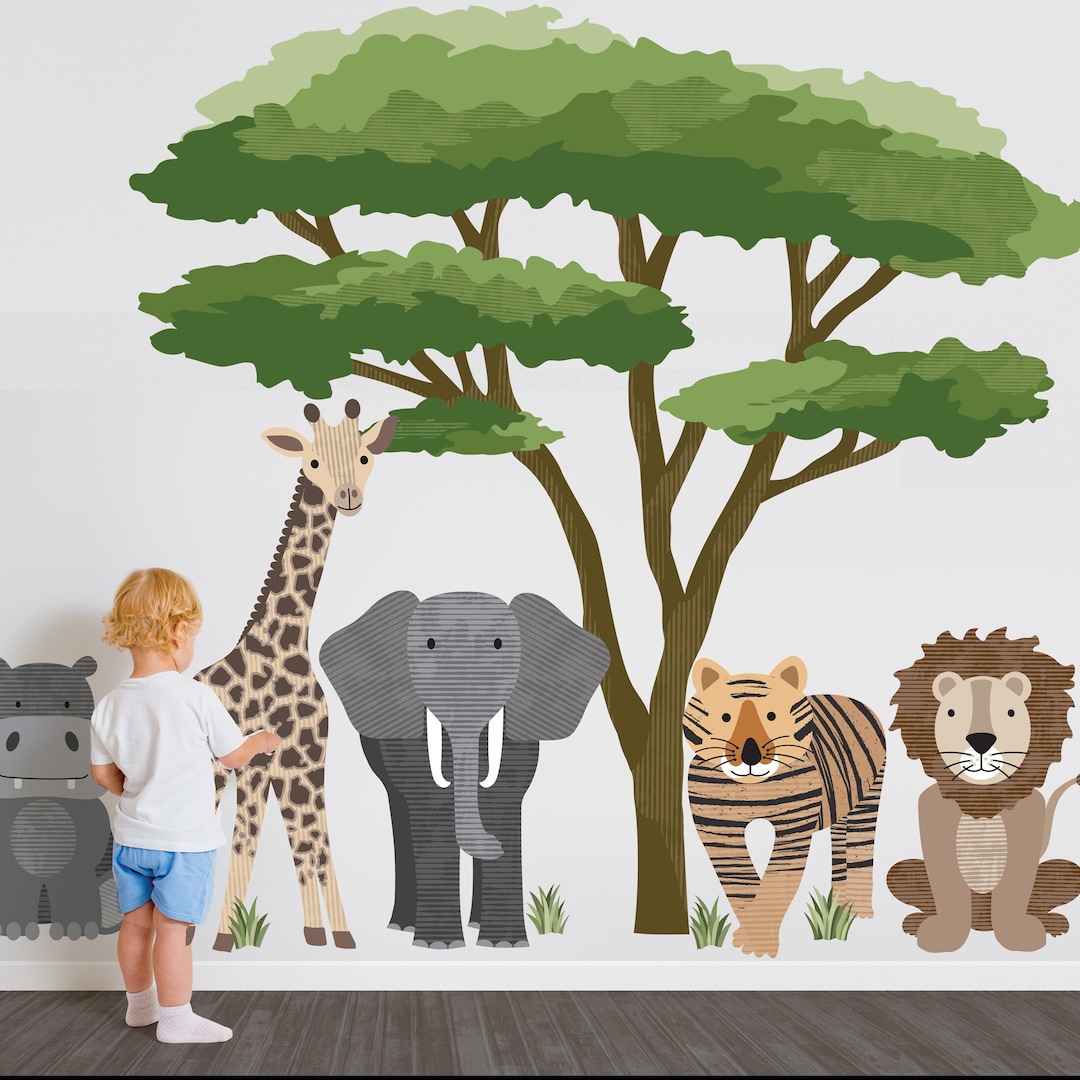 Large Safari Animal Wall Decals With Acacia Tree, Nursery Wall Decals ...