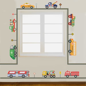 Wall Decals, Trucks, School Bus, City Bus, Taxi, Recycling Truck &  30ft of Straight Gray Road, Removable and Reusable Fabric Wall Stickers
