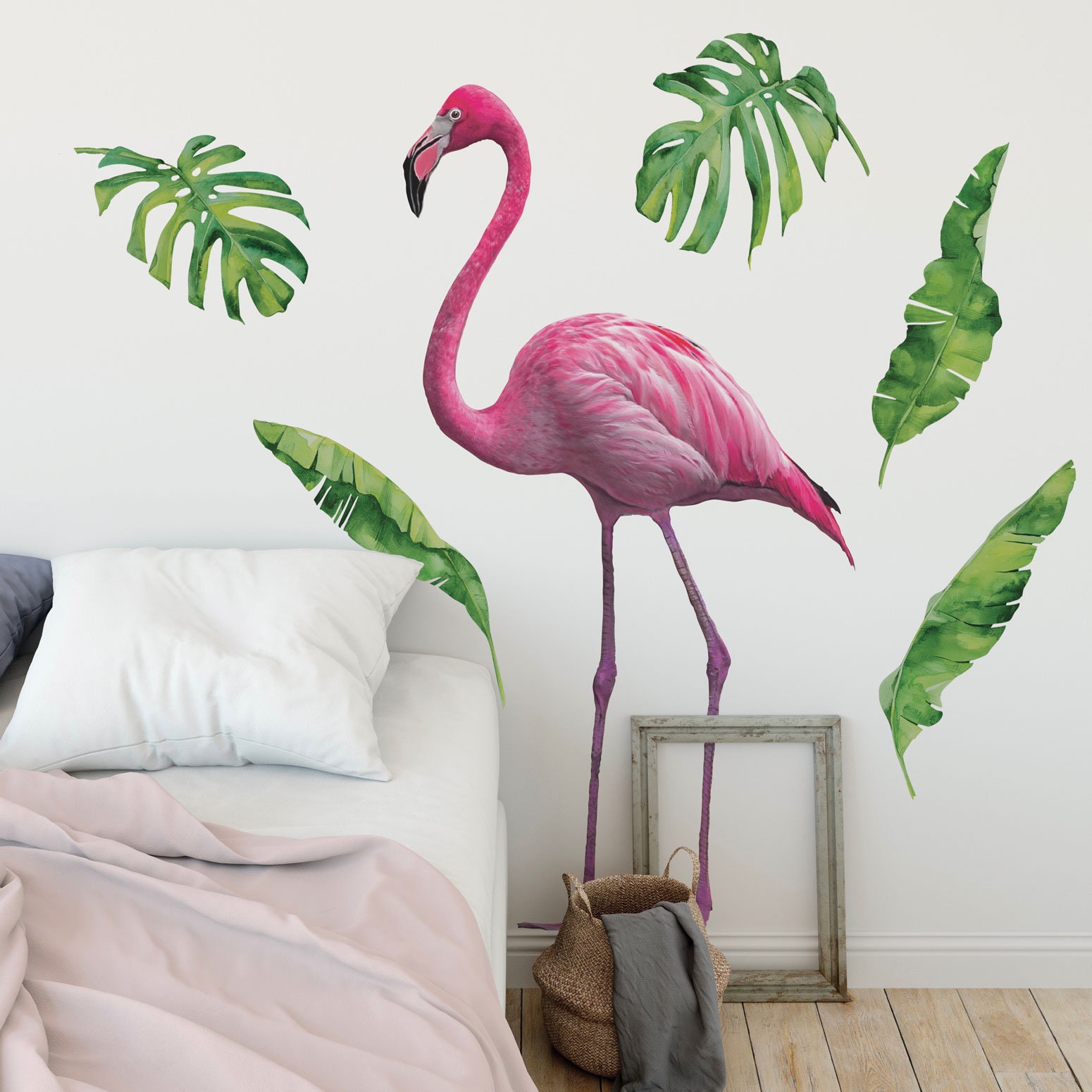 FLAMINGO - Stickers muraux - Plantes verts et pois