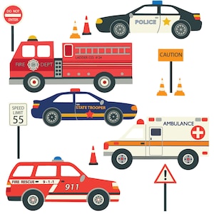 Wall Decals Emergency EMS Vehicles, Removable and Reusable Police Car, Fire Truck, Ambulance, EMS Fabric Wall Decal Stickers image 2