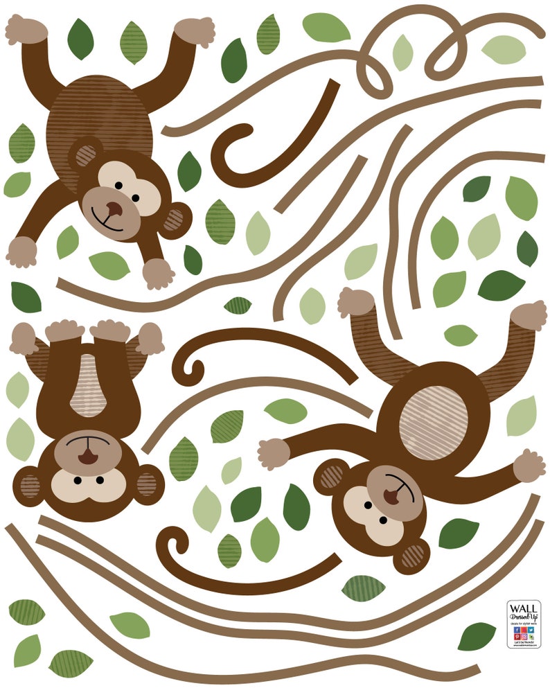 Monkey Wall Decals, Jungle Monkey Wall Stickers, Nursery Wall Decals, Repositionable Fabric Decals image 2