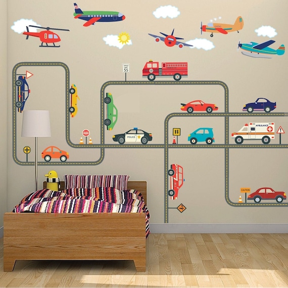 Car Wall Decals, Emergency Vehicle Decals, Plane Wall Decals, 30 ft Gray Straight & Curved Road, Removable Reusable Wall Decals