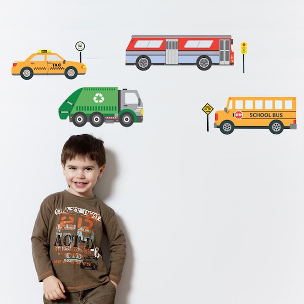 School Bus, City Bus, Taxi & Recycling Truck Wall Decals Removable and Reusable