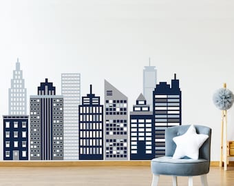 Large  Navy City Wall Decal, City Skyline Wall Decals, Cityscape Wall Stickers