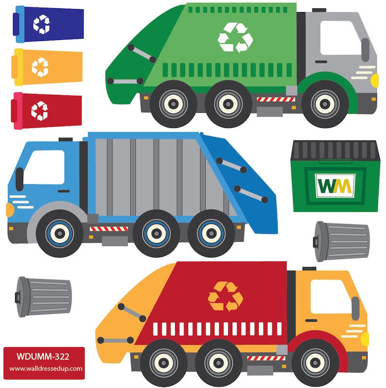 Wall Decals Garbage Trucks & Recycling Truck with Straight Road Decals Matte Fabric Repostionable Eco-friendly Wall Stickers image 3