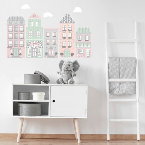 European Style Town Wall Decals Pink and Gray Decals Fabric Etsy