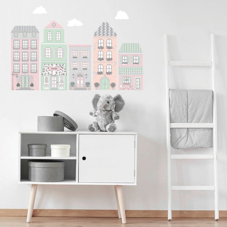 European Style Town Wall Decals, Pink and Gray Decals, Fabric Decals, Peel and Stick Wall Stickers, Eco Friendly, Matte, Town Wall Decals image 1