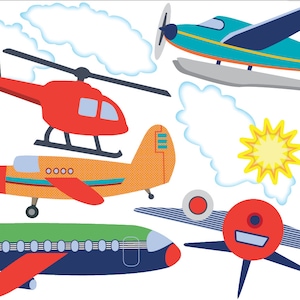Puede incluir: Ilustraci&oacute;n colorida de varias aeronaves, incluyendo un helic&oacute;ptero rojo, un hidroavi&oacute;n turquesa y varios aviones en naranja, verde y rojo. Nubes blancas y un sol amarillo tambi&eacute;n se representan sobre un fondo blanco.