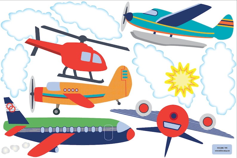 Puede incluir: Ilustraci&oacute;n colorida de varias aeronaves, incluyendo un helic&oacute;ptero rojo, un hidroavi&oacute;n turquesa y varios aviones en naranja, verde y rojo. Nubes blancas y un sol amarillo tambi&eacute;n se representan sobre un fondo blanco.