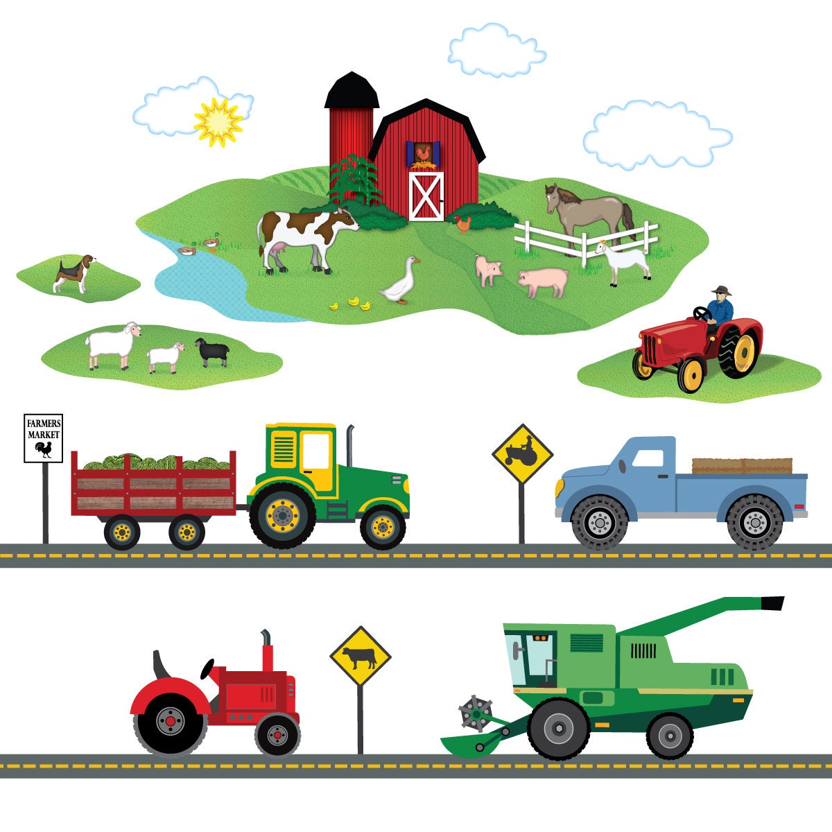 Four Farm Vehicle Wall Decals plus Straight Road Peel and Etsy