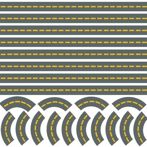Puede incluir: Un conjunto de piezas de carretera de juguete grises con l&iacute;neas amarillas discontinuas. El conjunto incluye segmentos de carretera rectos y piezas curvas, dise&ntilde;adas para crear una red de carreteras de juguete.