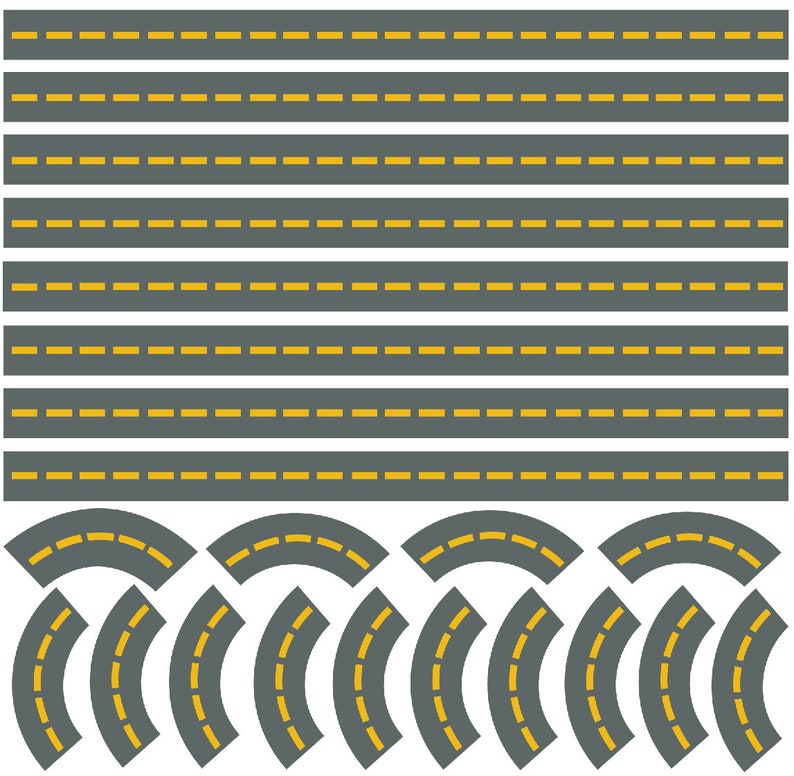 Puede incluir: Un conjunto de piezas de carretera de juguete grises con l&iacute;neas amarillas discontinuas. El conjunto incluye segmentos de carretera rectos y piezas curvas, dise&ntilde;adas para crear una red de carreteras de juguete.