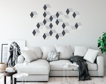Modern Geometric Wall Decals, Optical Illusion Squares in Gray Tones, Eco-friendly Fabric Decals, Repositionable, Removable