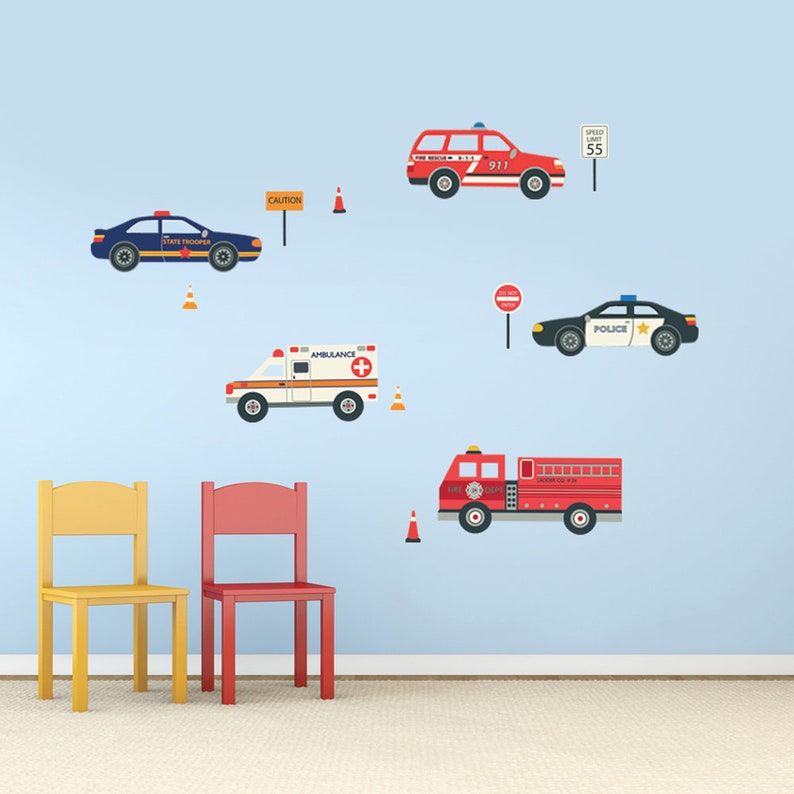 Wall Decals Emergency EMS Vehicles, Removable and Reusable Police Car, Fire Truck, Ambulance, EMS Fabric Wall Decal Stickers image 1