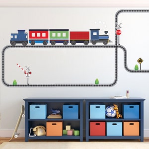 Freight Car Train Wall Decal w/ Railroad Track Straight and Curved (Right Facing Blue) Removable and Reusable Train Wall Sticker Color 1