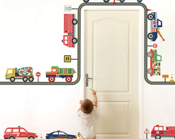 Wall Decals, Emergency Vehicles & Trucks with Straight and Curved Gray Road, Removable and Reusable Wall Stickers