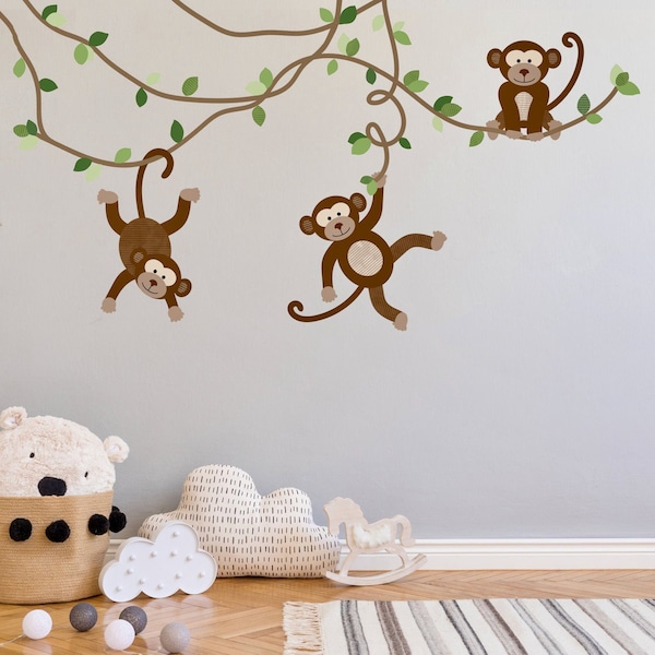 Large Monkey Wall Decals on Vines, Jungle Animal Wall Decal, Nursery Wall Decals, Peel and Stick Removable Wall Stickers