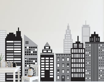 Large City Wall Decal, Black and White City Skyline Wall Decals, Cityscape Wall Stickers, Superhero Skyline Wall Decals