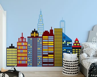 Superhero City Wall Decal Fabric Eco-friendly Repositionable Superhero Decals Cityscape Decal