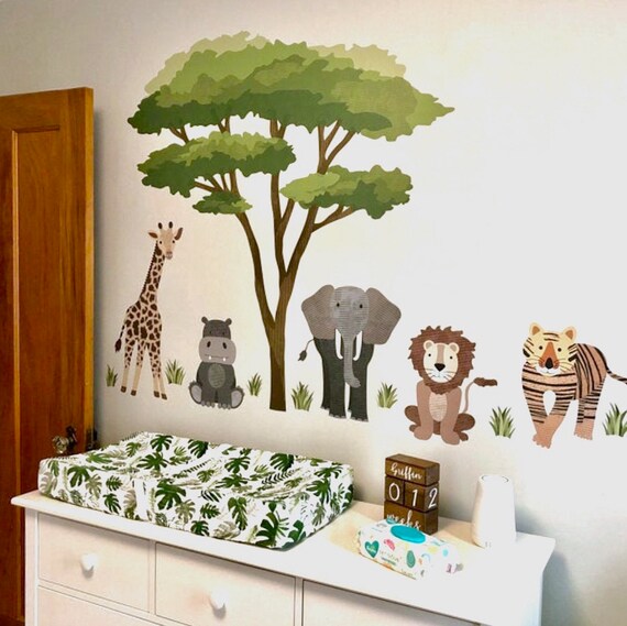 Giraffe Animal Wall Decal Elephant Decal Hippo Safari Tree Wall Stickers 