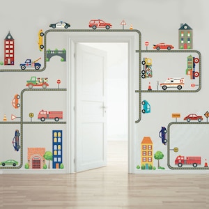 Transportation Town Wall Decals with Cars, Trucks, EMS Vehicles w/Curved and Straight Road Wall Decal, Removable and Reusable Wall Decals