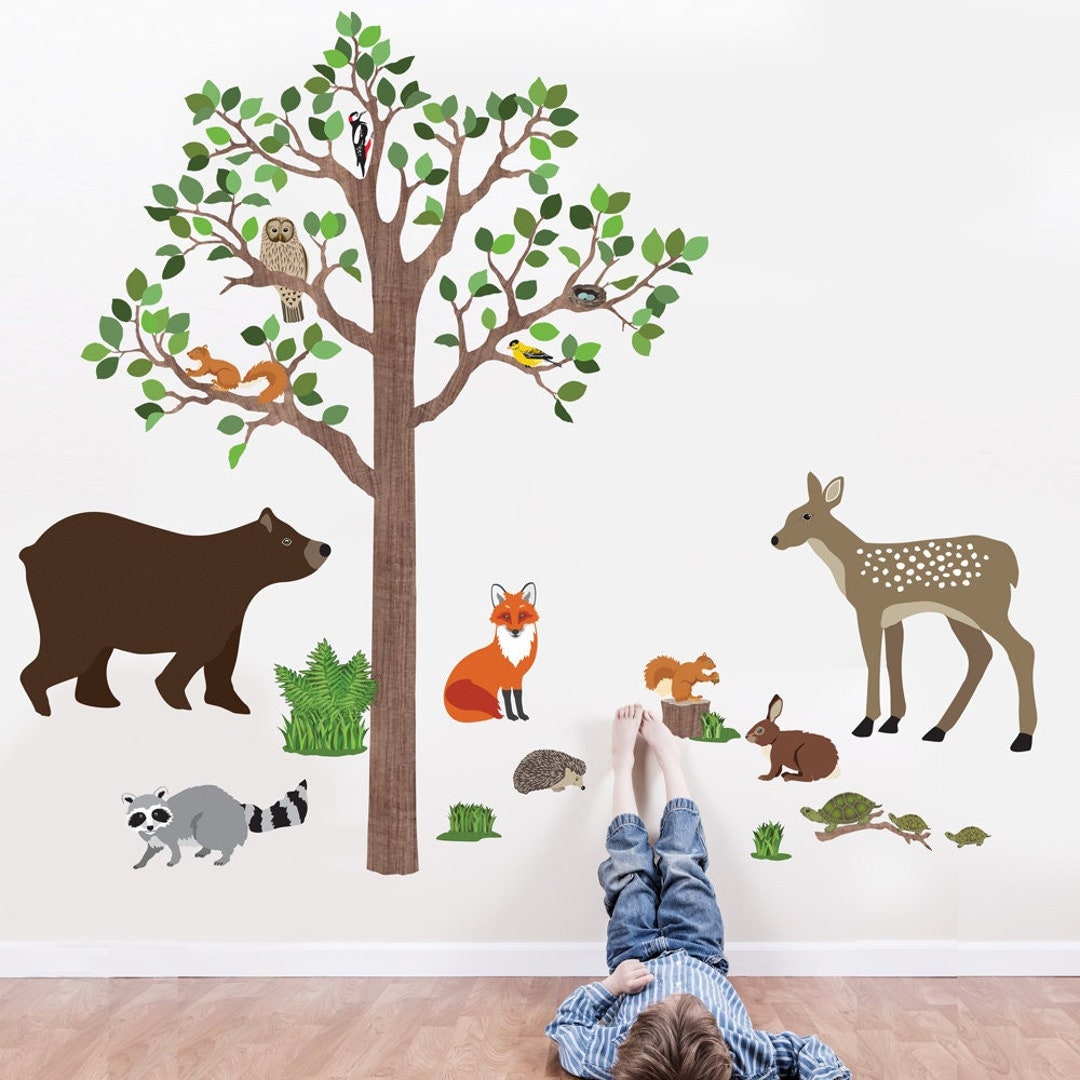 Woodland Decals, Woodland Animals Wall Decal Forest Mural 7 Ft Tree ...