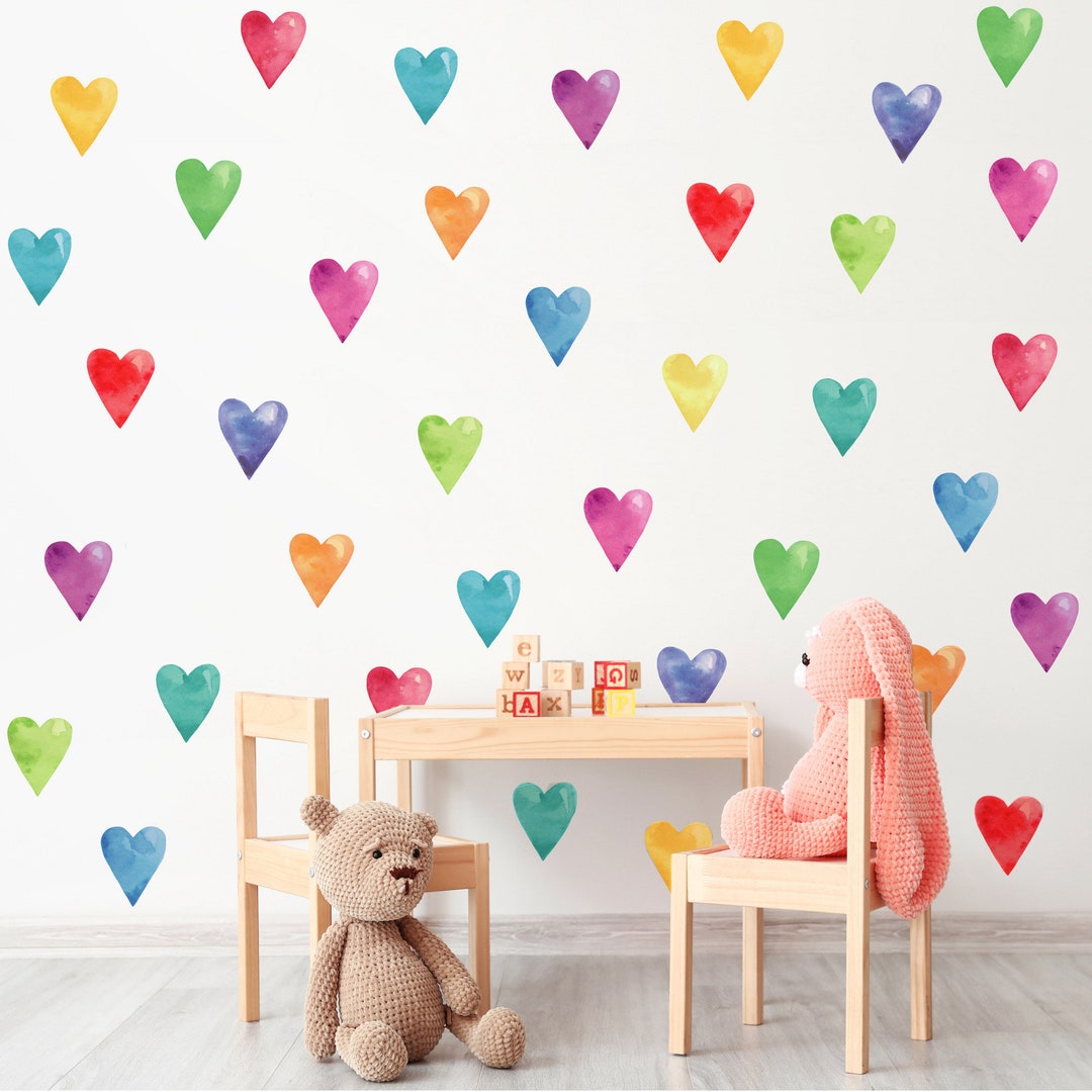 Rainbow Watercolor Hearts Wall Decals Heart Decals Girls Wall Stickers ...