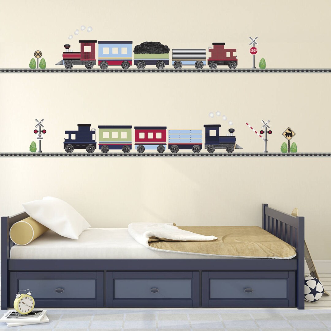 2 Freight Car Train Wall Decal With 2 Straight Railroad Track, Train ...