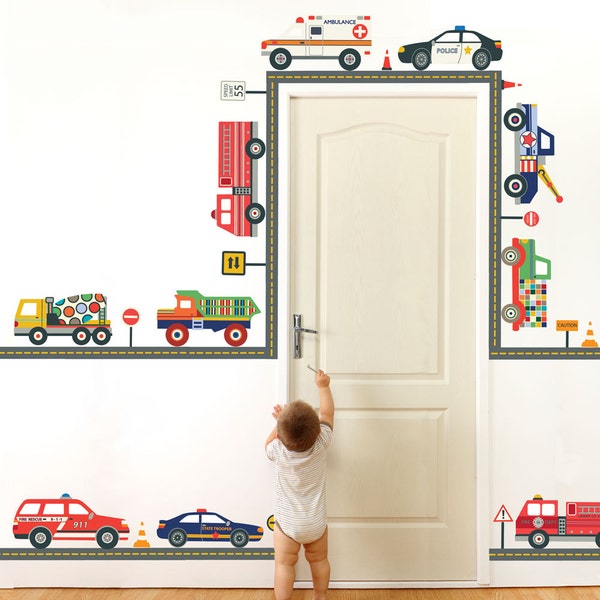 Emergency Vehicles & Terrific Trucks Wall Decals with 30ft of Straight Gray Road, Repositionable Peel and Stick Eco-Friendly Wall Stickers