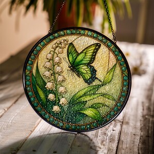 Butterfly Lily of the Valley Stained Glass Hanging Decoration–Elegant Glass Art for Your Home Window Hanging Decor, Symbol of Purity & Luck