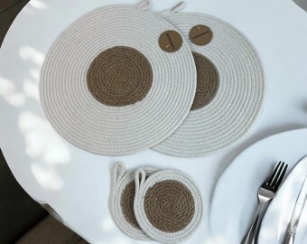 Set of 2+2 Handmade Placemats and Coasters Set Eco-Friendly Natural Table Mats Rustic  Boho Dining Decor Rope Mats Handcrafted