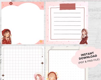 Puede incluir: Un conjunto de cuatro hojas de bloc de notas imprimibles con ilustraciones de chicas con boinas. Los diseños incluyen un espacio en blanco con detalles florales rosas, una hoja rayada con encabezado rojo, una hoja cuadriculada y una hoja punteada.