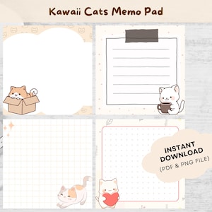Puede incluir: Un bloc de notas imprimible con cuatro diseños diferentes con lindos gatos de dibujos animados. Cada página tiene un patrón de fondo diferente y una ilustración de gato. El texto "Kawaii Cats Memo Pad" está en la parte superior de la imagen. El texto "INSTANT DOWNLOAD (PDF & PNG FILE)" está en la parte inferior de la imagen.