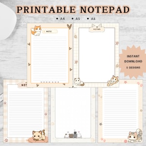 Peut inclure: Bloc-notes imprimable avec cinq designs différents illustrant de mignons chats. Chaque page comporte une section lignée pour les notes et une bordure décorative avec des empreintes de pattes et des cœurs. Le bloc-notes est disponible en formats A4, A5 et A6.