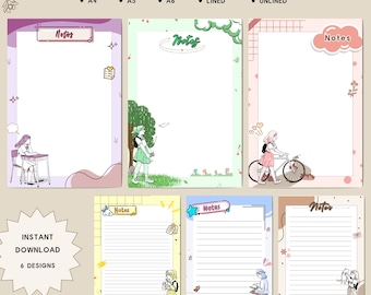 School Girl Notepad, Printable Stationery Set (A4, A5, A6), Student Notes (Digital Download)