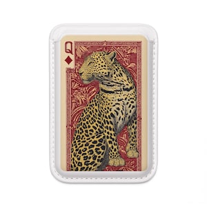 May include: A playing card featuring a leopard illustration on a red background with floral patterns. The card is the Queen of Diamonds, with the letter "Q" and a diamond symbol in the upper left corner. The card is encased in a white protective case.