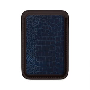 May include: A rectangular, dark brown leather card holder with a navy blue, crocodile-textured center. The edges are rounded, and the stitching is visible. The overall design is sleek and sophisticated.