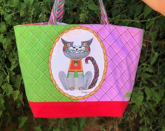 Artist Cat Totes- Frida Kahlo- Cat Art Tote Series- Cat Art by beckyzimm- beckyzimmdesign